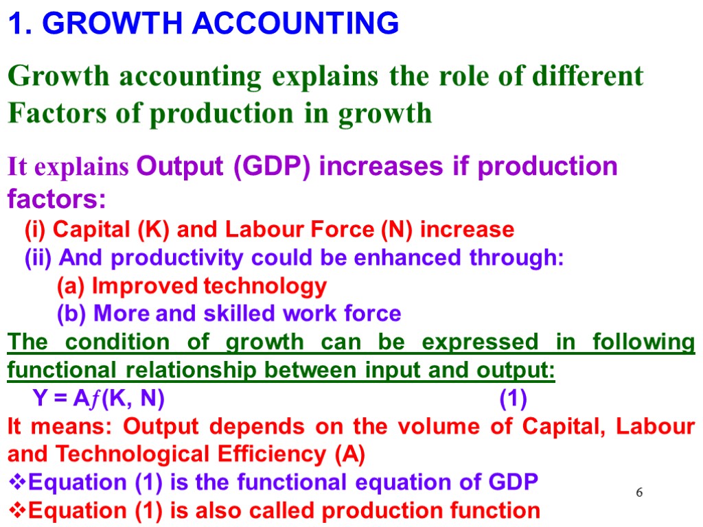 6 1. GROWTH ACCOUNTING Growth accounting explains the role of different Factors of production